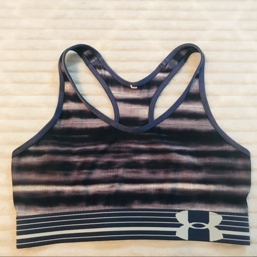 Under Armour HeatGear Navy Blue Gray Printed Shelf Racerback Sports Bra Small